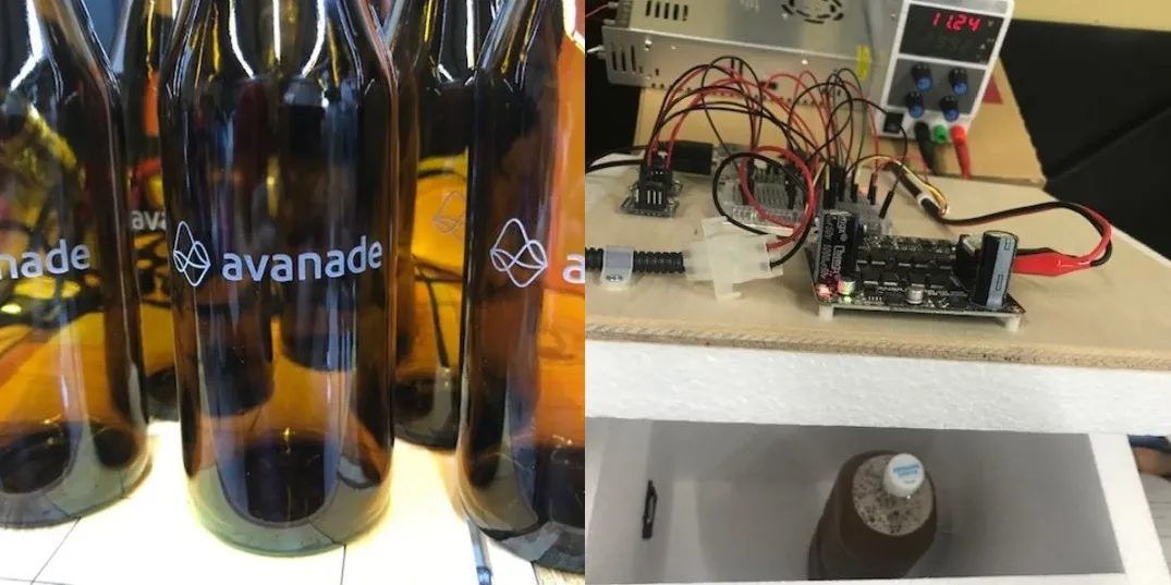 実際に製造したテックビール用の瓶と製造過程